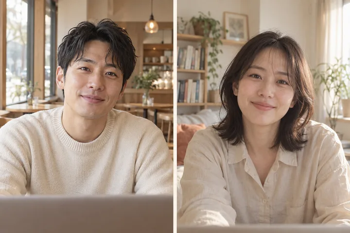 각자의 공간에서 첫 영상대화를 나누는 두 성인의 이미지