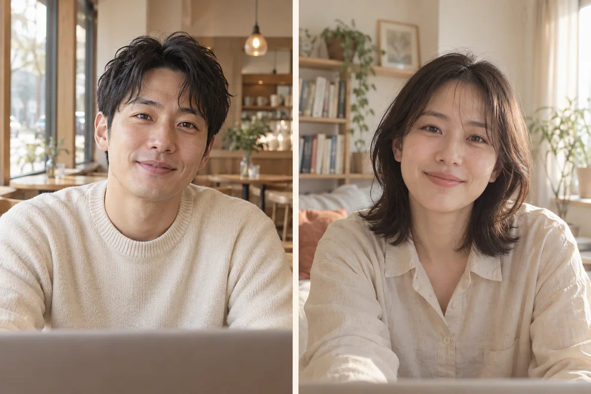 각자의 공간에서 첫 영상대화를 나누는 두 성인의 이미지
