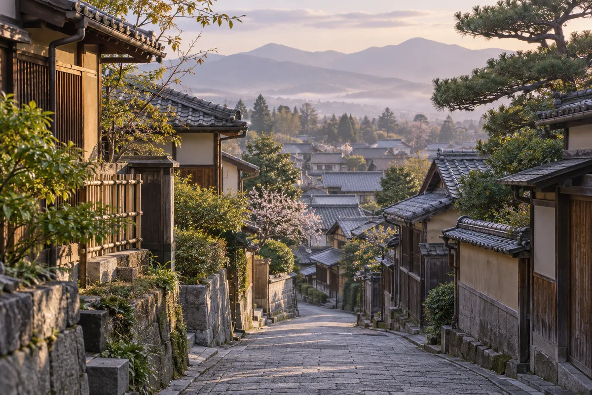 산과 전통 가옥이 보이는 조용한 일본 골목을 표현한 이미지